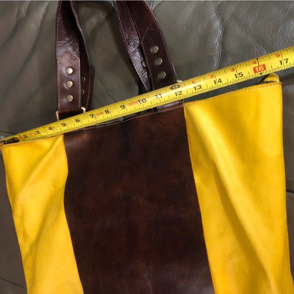 Marta Ray || Mustard Yellow and Leather Brown Tote Bag - Picture 7 of 15